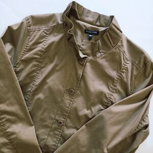 Eileen Fisher Jacket Olive Green Ruffle Collar Cotton Blend Button‎ Womens Large